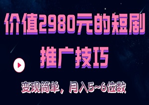 外面收费2980的抖音短剧推广技巧，变现简单，小白也能轻松上手，实现5~6位数收入！-二八网赚