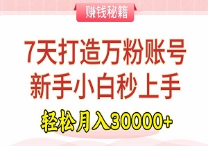 7天打造万粉账号，新手小白秒上手，单账号回收700元，轻松月入30000+！-二八网赚