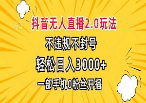 抖音无人直播2.0玩法，不违规不封号，一部手机0粉开播，轻松日入3000+！-二八网赚